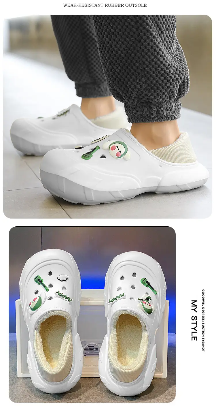 Cross-border plus size cotton slippers men's hole shoes winter new fleece-lined step excrement feeling warm lovers shoes covered cotton shoes — feature 14