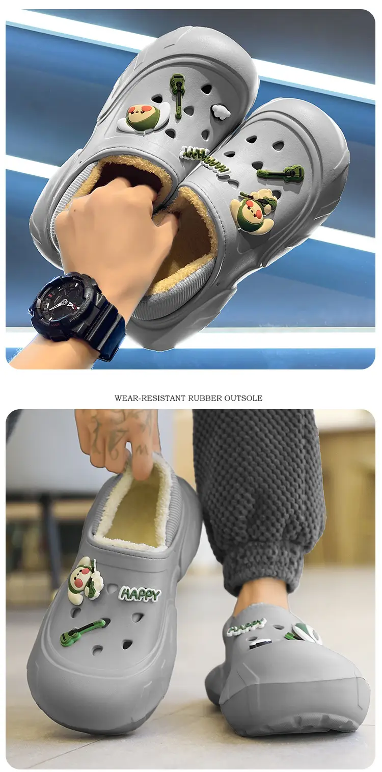 Cross-border plus size cotton slippers men's hole shoes winter new fleece-lined step excrement feeling warm lovers shoes covered cotton shoes — feature 15
