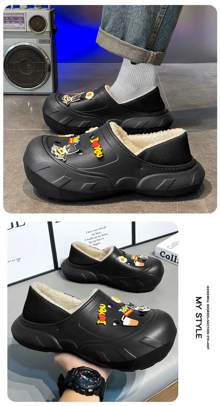 Cross-border plus size cotton slippers men's hole shoes winter new fleece-lined step excrement feeling warm lovers shoes covered cotton shoes — feature 26
