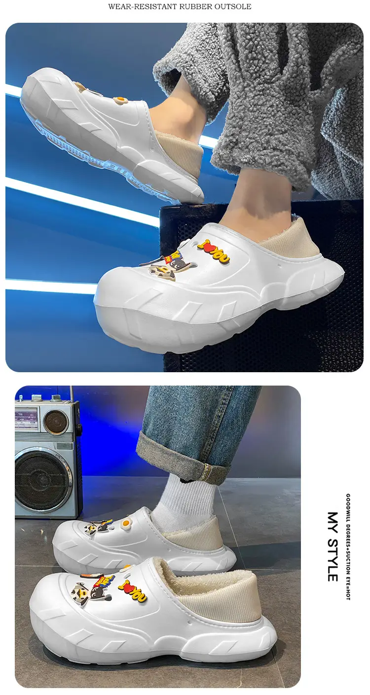 Cross-border plus size cotton slippers men's hole shoes winter new fleece-lined step excrement feeling warm lovers shoes covered cotton shoes — feature 28