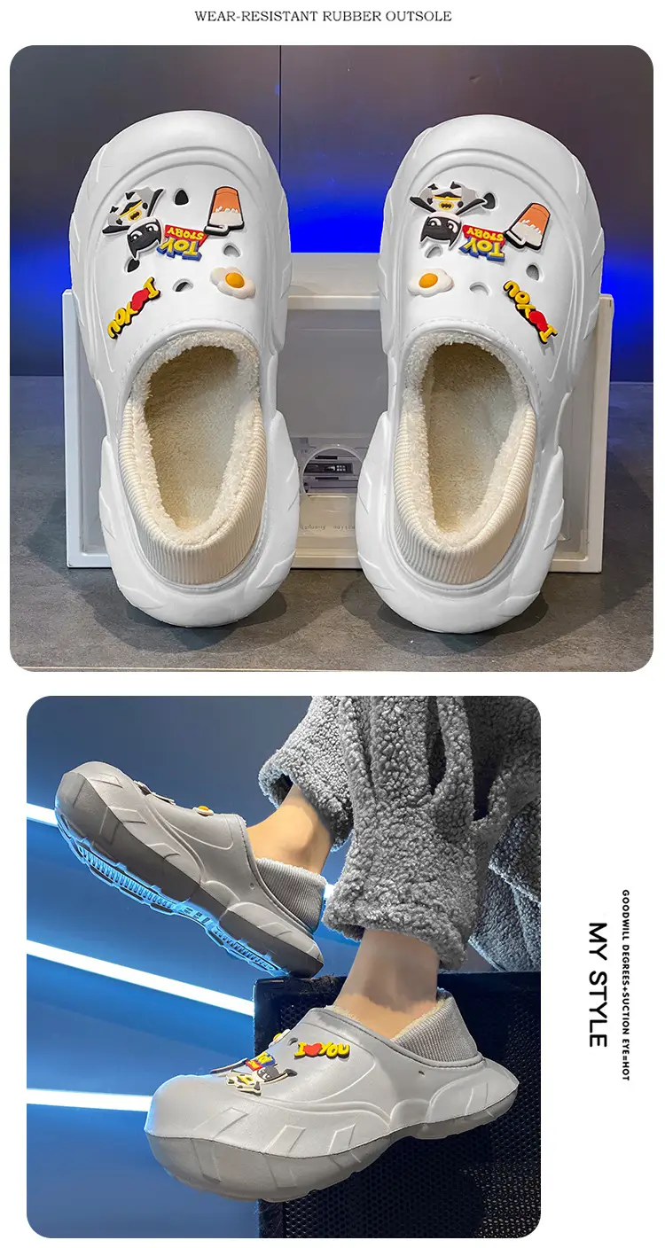 Cross-border plus size cotton slippers men's hole shoes winter new fleece-lined step excrement feeling warm lovers shoes covered cotton shoes — feature 30
