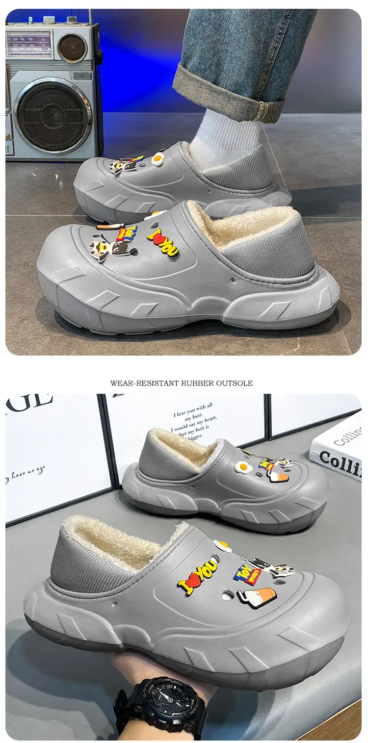 Cross-border plus size cotton slippers men's hole shoes winter new fleece-lined step excrement feeling warm lovers shoes covered cotton shoes — feature 31