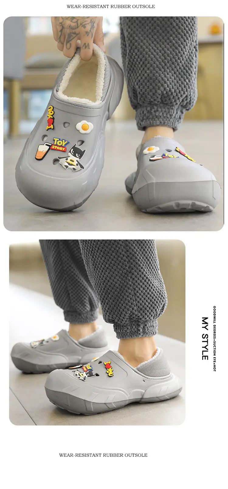 Cross-border plus size cotton slippers men's hole shoes winter new fleece-lined step excrement feeling warm lovers shoes covered cotton shoes — feature 32