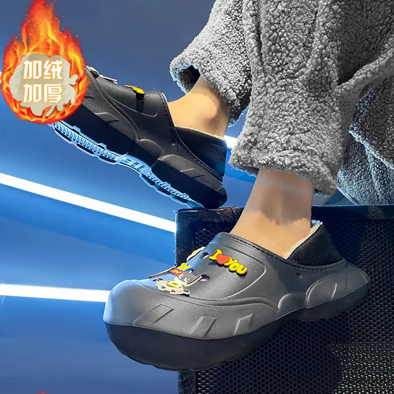 Cross-border plus size cotton slippers men's hole shoes winter new fleece-lined step excrement feeling warm lovers shoes covered cotton shoes - Image 4