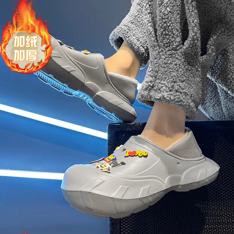 Cross-border plus size cotton slippers men's hole shoes winter new fleece-lined step excrement feeling warm lovers shoes covered cotton shoes - Image 5