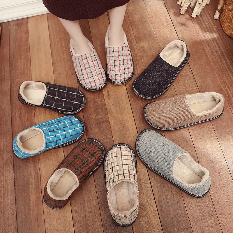 Cotton Slippers with Heel for Winter Women's Indoor Courtyard Couple Non-Slip Warm Fabric Slippers with Heel for Men Retro Style - Image 9