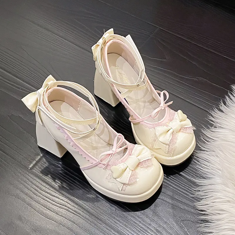 High-heeled shoes lolita thick-heeled platform blue Japanese soft girl sweet cute bow shoes for children - Image 5
