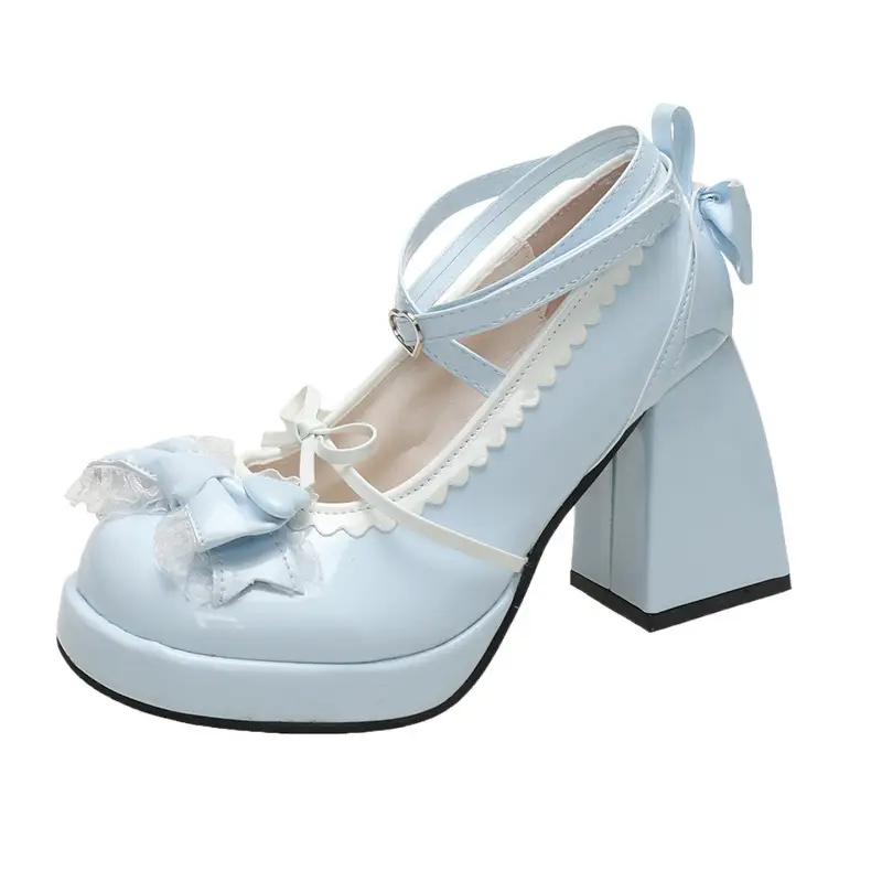 High-heeled shoes lolita thick-heeled platform blue Japanese soft girl sweet cute bow shoes for children - Image 7