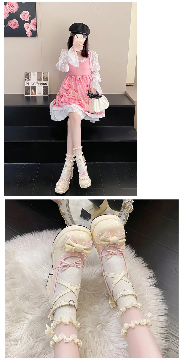 High-heeled shoes lolita thick-heeled platform blue Japanese soft girl sweet cute bow shoes for children — feature 10