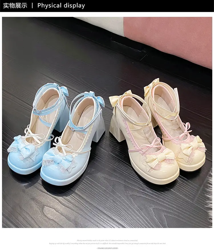 High-heeled shoes lolita thick-heeled platform blue Japanese soft girl sweet cute bow shoes for children — feature 11