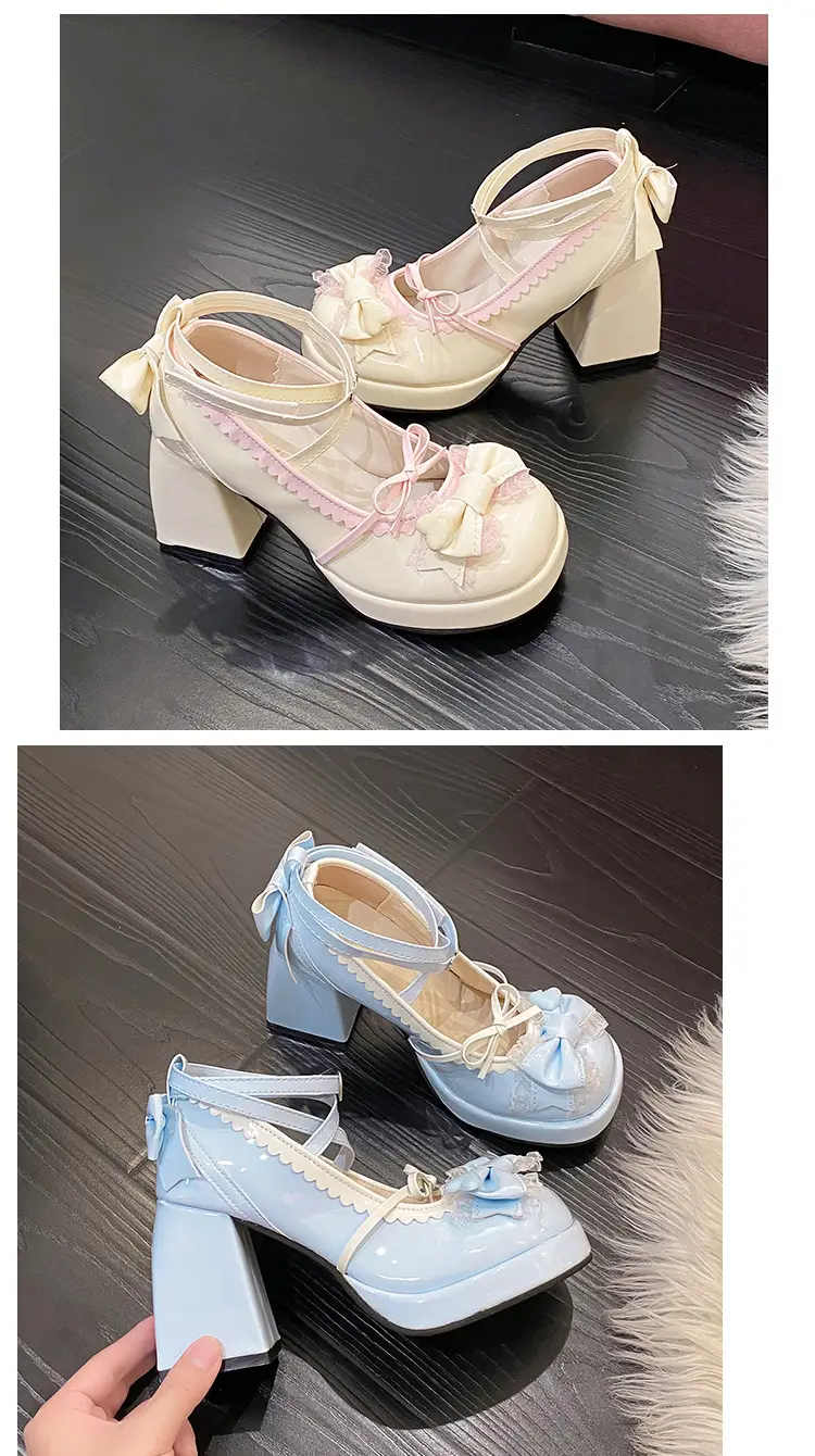 High-heeled shoes lolita thick-heeled platform blue Japanese soft girl sweet cute bow shoes for children — feature 13