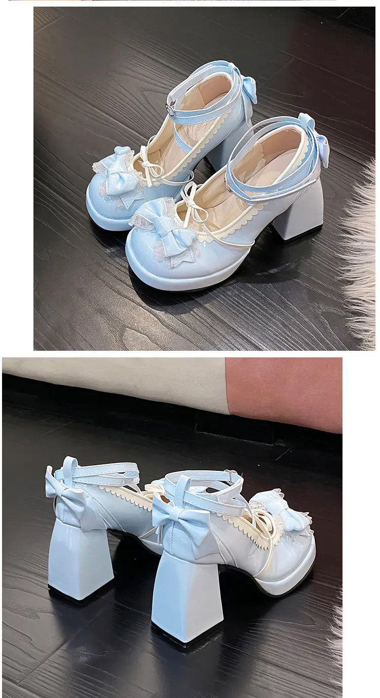 High-heeled shoes lolita thick-heeled platform blue Japanese soft girl sweet cute bow shoes for children — feature 14
