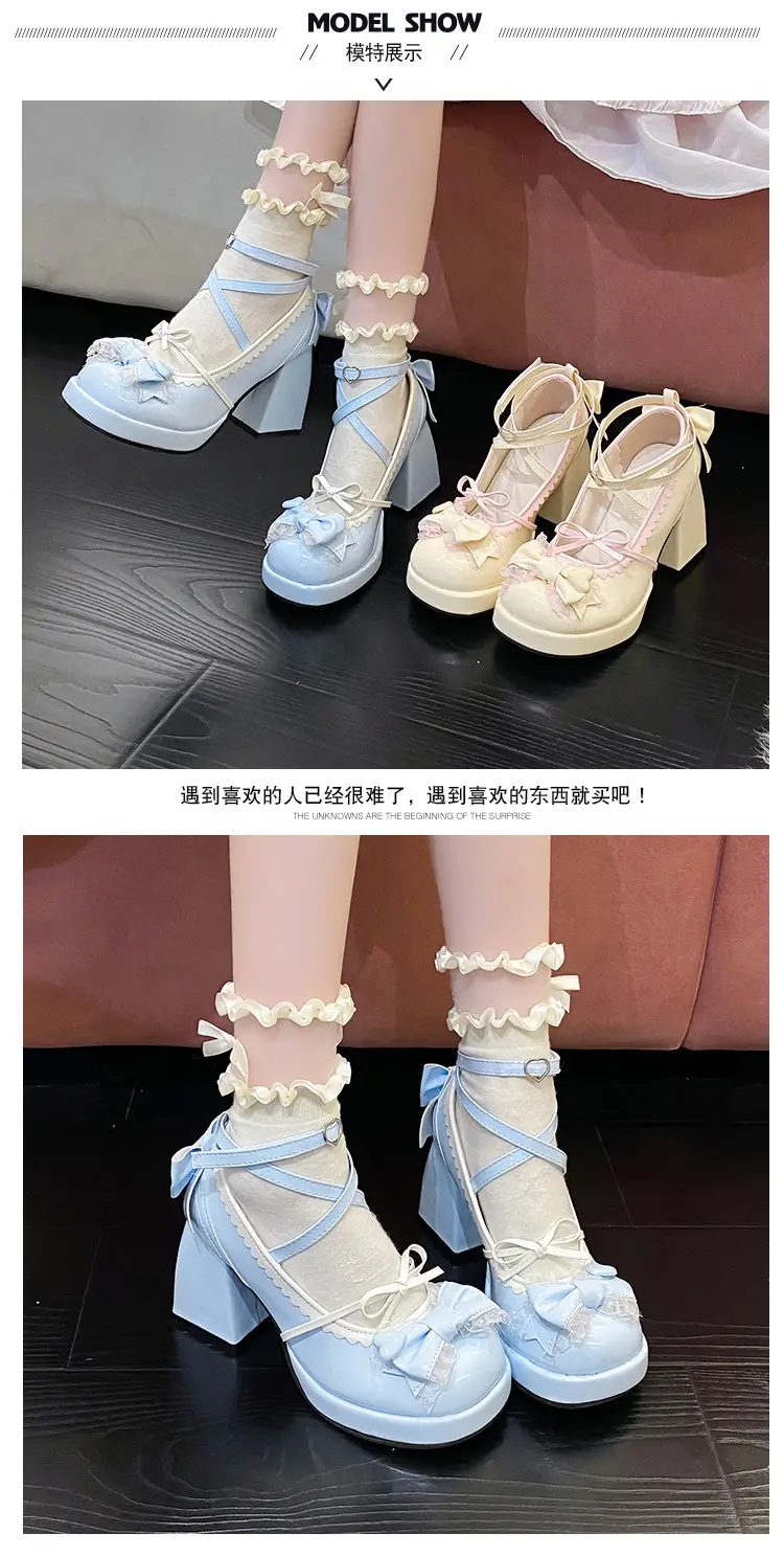 High-heeled shoes lolita thick-heeled platform blue Japanese soft girl sweet cute bow shoes for children — feature 5