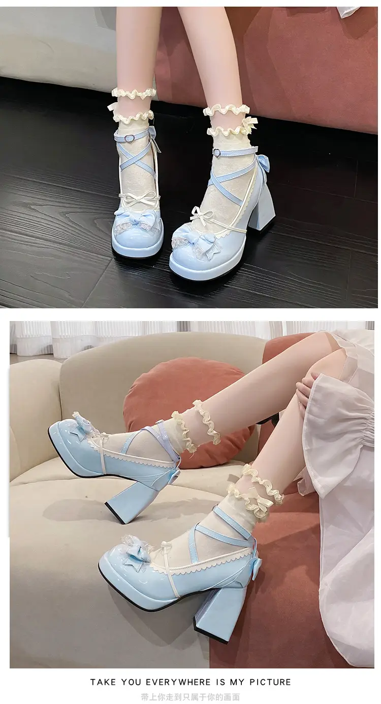 High-heeled shoes lolita thick-heeled platform blue Japanese soft girl sweet cute bow shoes for children — feature 6