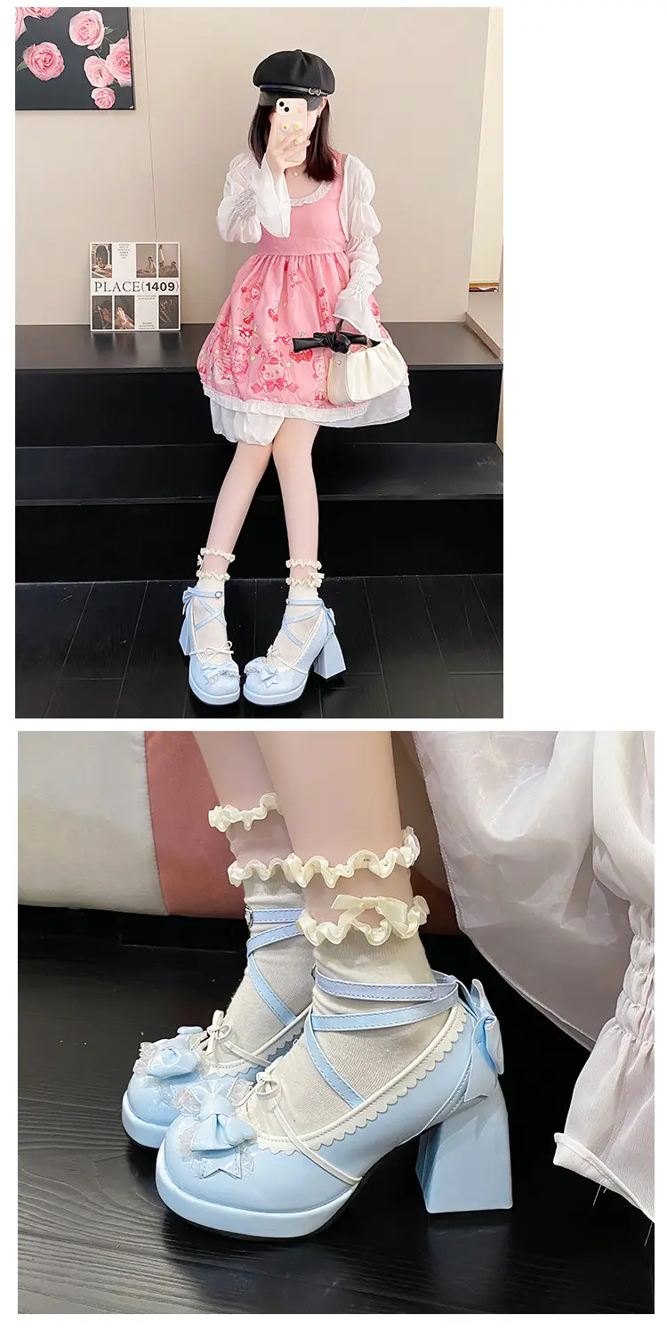 High-heeled shoes lolita thick-heeled platform blue Japanese soft girl sweet cute bow shoes for children — feature 7