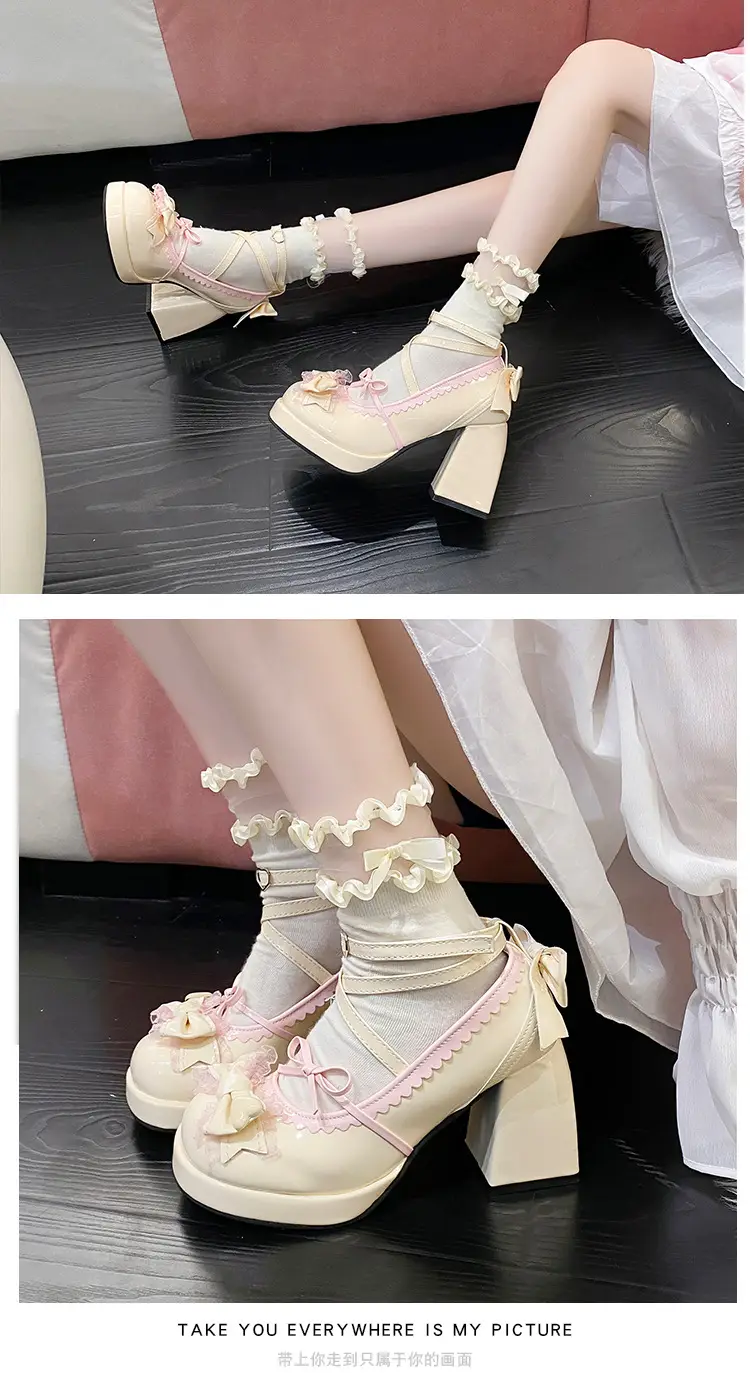 High-heeled shoes lolita thick-heeled platform blue Japanese soft girl sweet cute bow shoes for children — feature 9