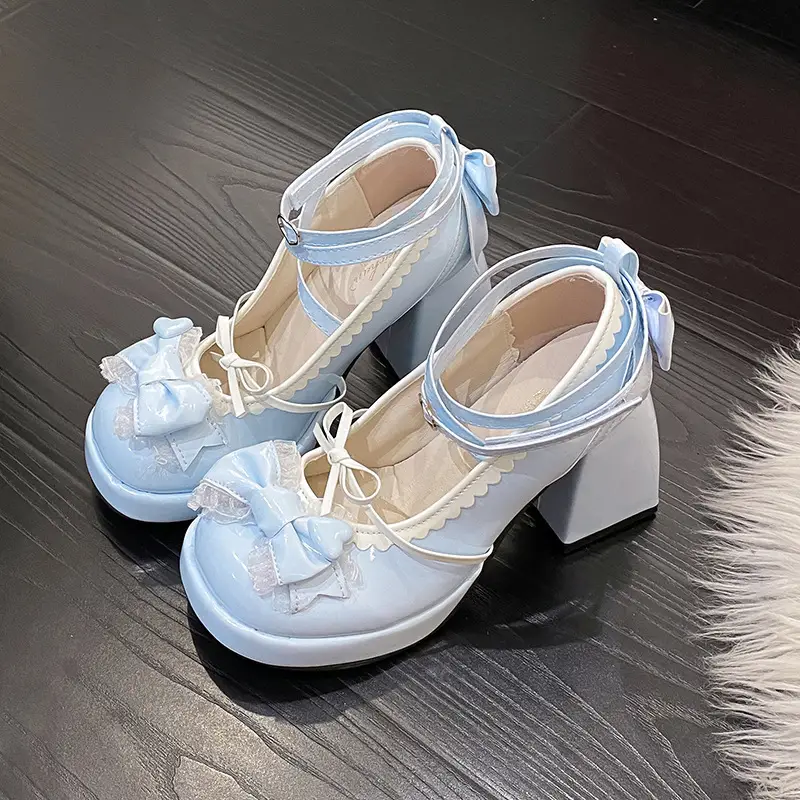 High-heeled shoes lolita thick-heeled platform blue Japanese soft girl sweet cute bow shoes for children - Image 2