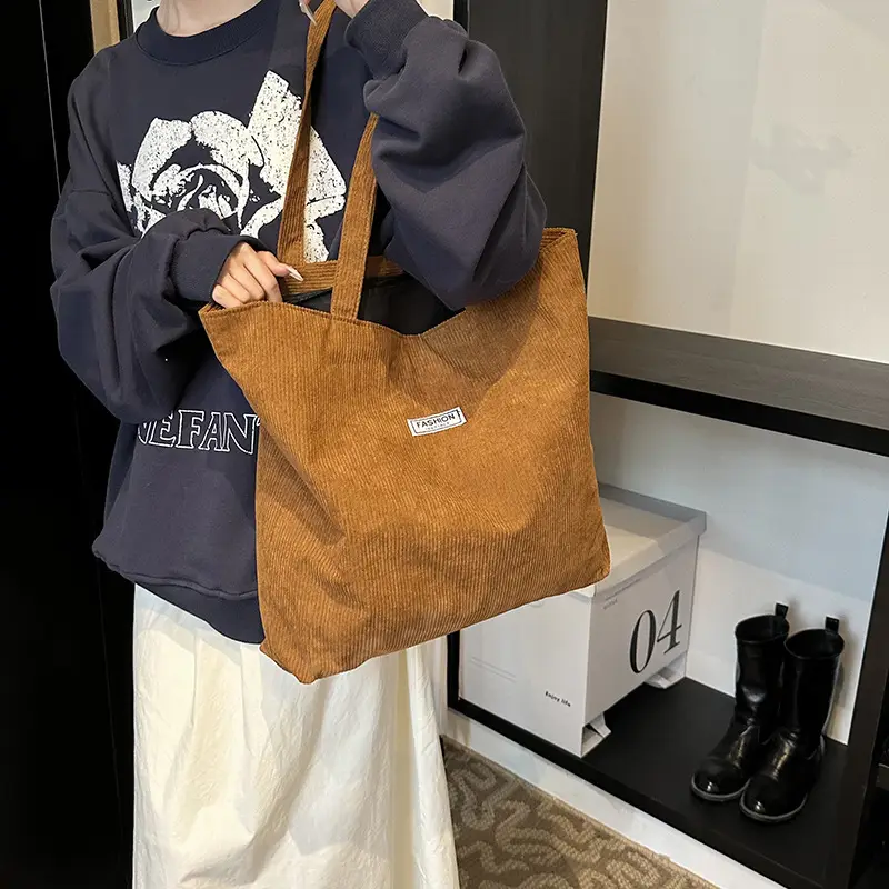 Women's Corduroy Tote Bag Brown Large Capacity 2023 - Image 6