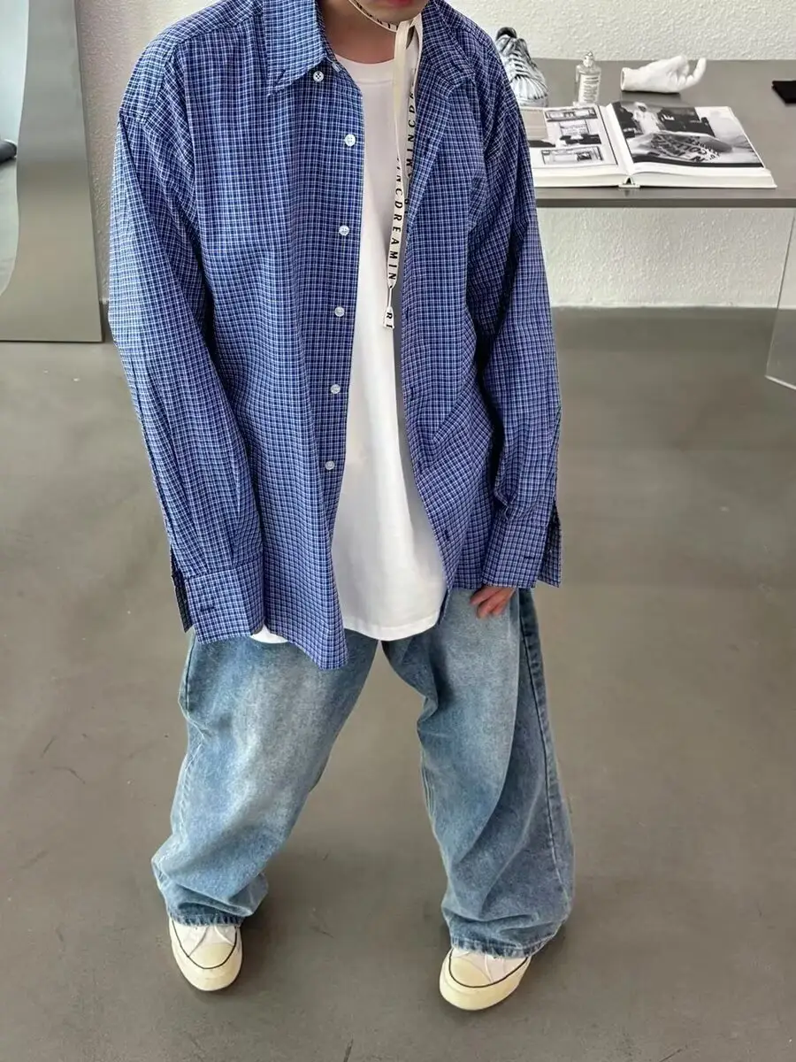 Men's Blue Plaid Long Sleeve Shirt Spring Autumn Retro
