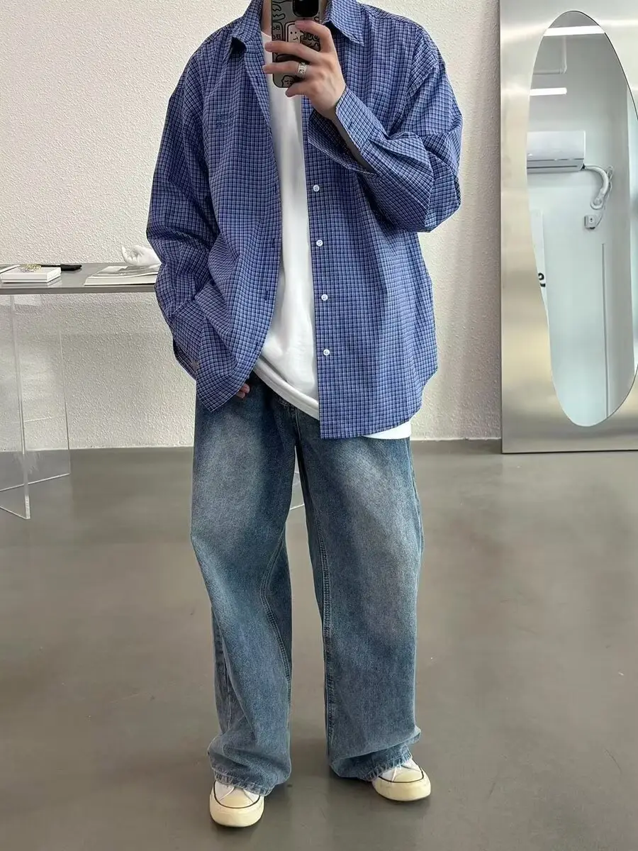 Men's Blue Plaid Long Sleeve Shirt Spring Autumn Retro