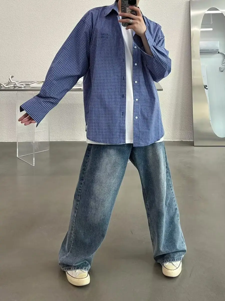 Men's Blue Plaid Long Sleeve Shirt Spring Autumn Retro