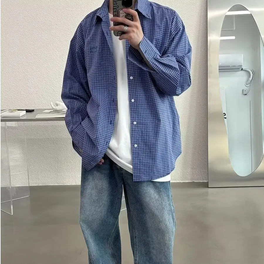 Men's Blue Plaid Long Sleeve Shirt Spring Autumn Retro — feature 3