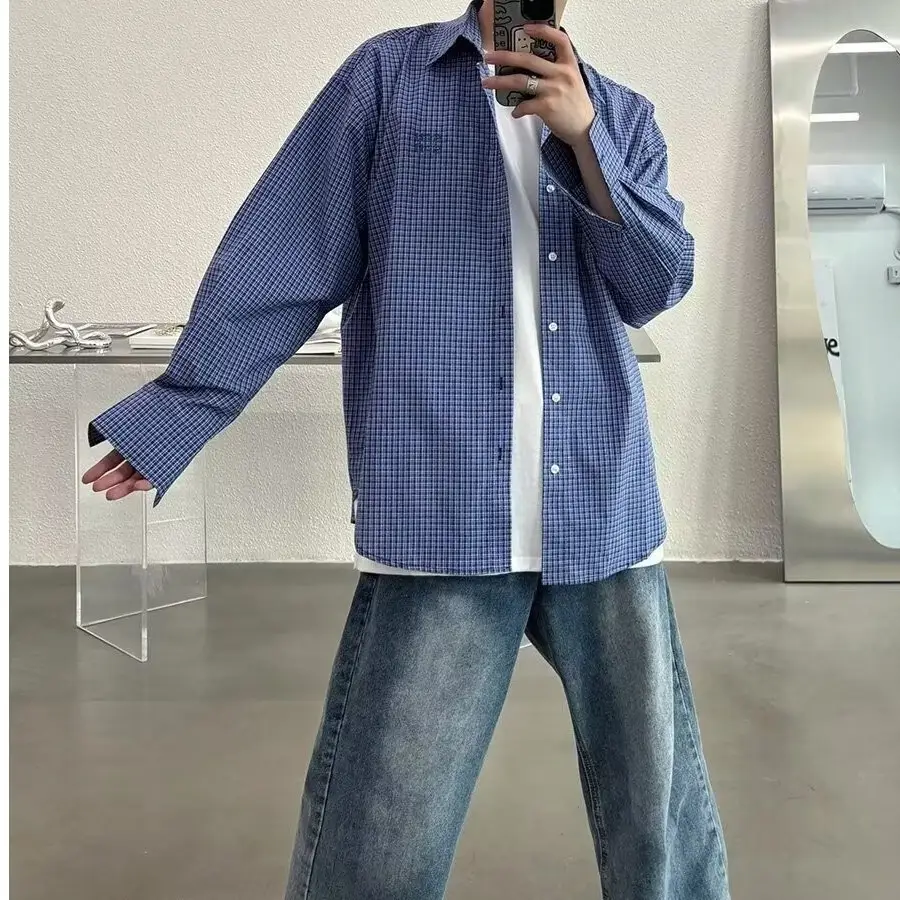 Men's Blue Plaid Long Sleeve Shirt Spring Autumn Retro — feature 4