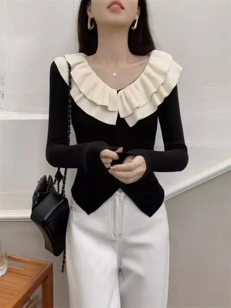 French Ruffled Double-Layer V-Neck Knitted Cardigan Women's Autumn and Winter Slim-Fit Elegant Irregular Niche Design Sweater