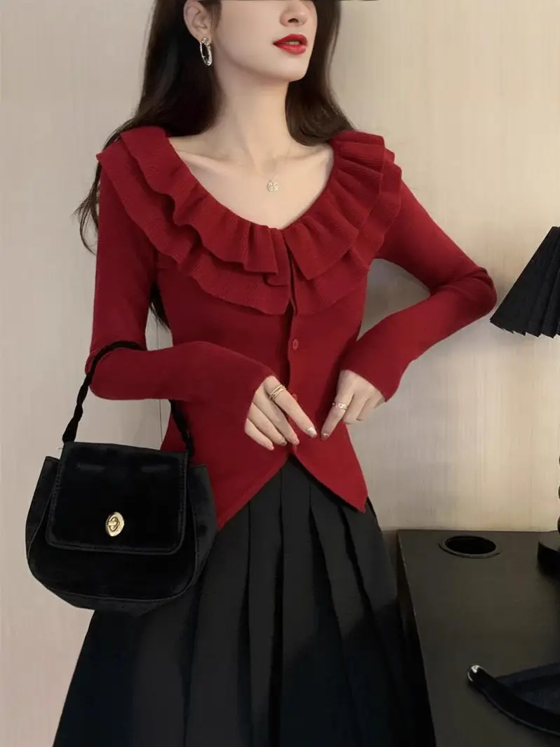 French Ruffled Double-Layer V-Neck Knitted Cardigan Women's Autumn and Winter Slim-Fit Elegant Irregular Niche Design Sweater