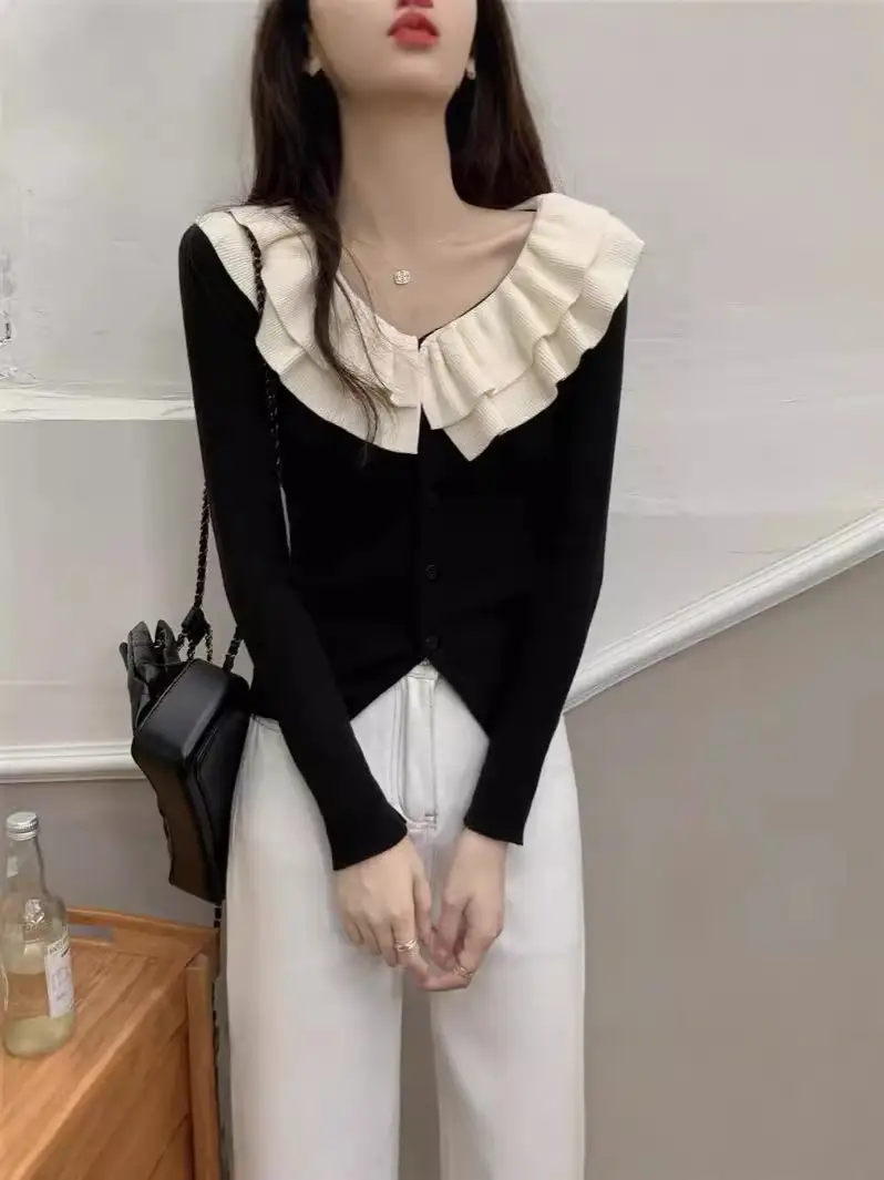 French Ruffled Double-Layer V-Neck Knitted Cardigan Women's Autumn and Winter Slim-Fit Elegant Irregular Niche Design Sweater