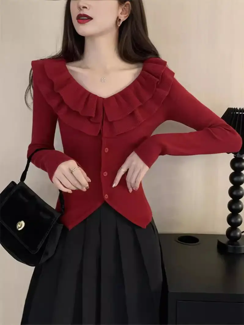 French Ruffled Double-Layer V-Neck Knitted Cardigan Women's Autumn and Winter Slim-Fit Elegant Irregular Niche Design Sweater