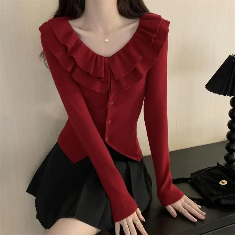 French Ruffled Double-Layer V-Neck Knitted Cardigan Women's Autumn and Winter Slim-Fit Elegant Irregular Niche Design Sweater — feature 1
