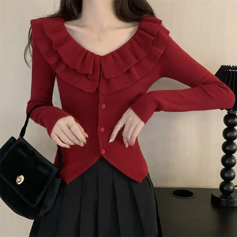French Ruffled Double-Layer V-Neck Knitted Cardigan Women's Autumn and Winter Slim-Fit Elegant Irregular Niche Design Sweater — feature 2