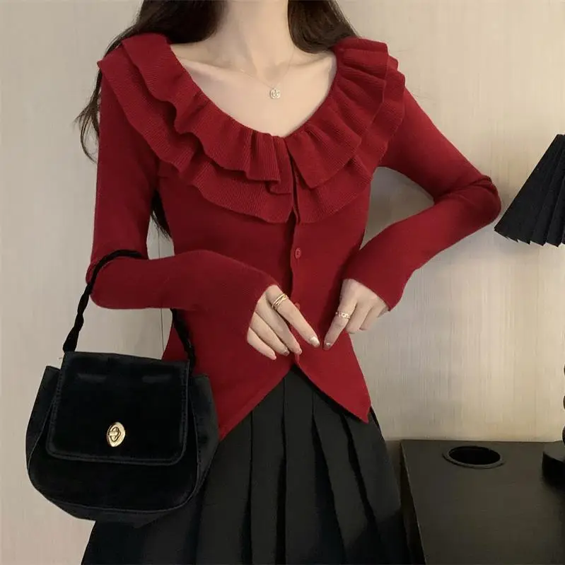 French Ruffled Double-Layer V-Neck Knitted Cardigan Women's Autumn and Winter Slim-Fit Elegant Irregular Niche Design Sweater — feature 4