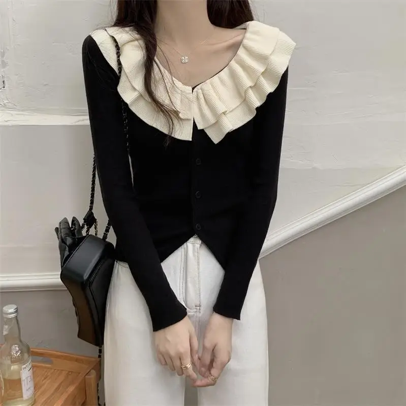 French Ruffled Double-Layer V-Neck Knitted Cardigan Women's Autumn and Winter Slim-Fit Elegant Irregular Niche Design Sweater — feature 6