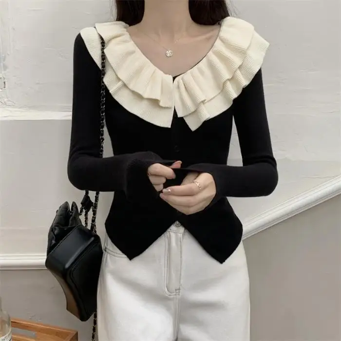 French Ruffled Double-Layer V-Neck Knitted Cardigan Women's Autumn and Winter Slim-Fit Elegant Irregular Niche Design Sweater — feature 7