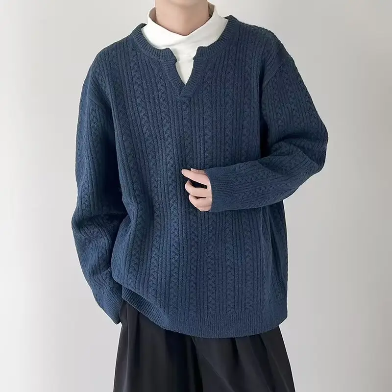 Men's V-Neck Knitted Sweater Cream Loose Casual