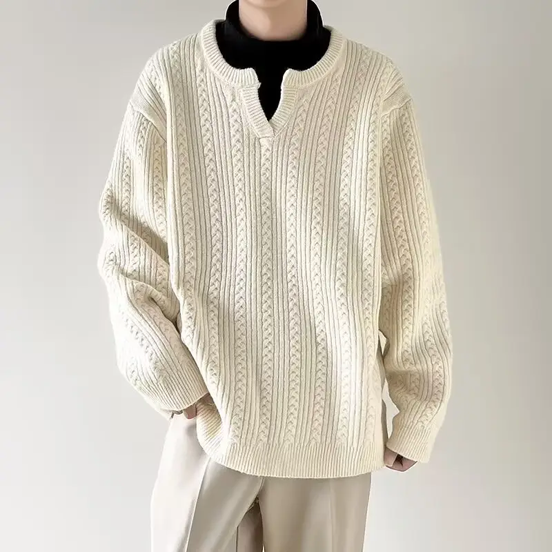 Men's V-Neck Knitted Sweater Cream Loose Casual