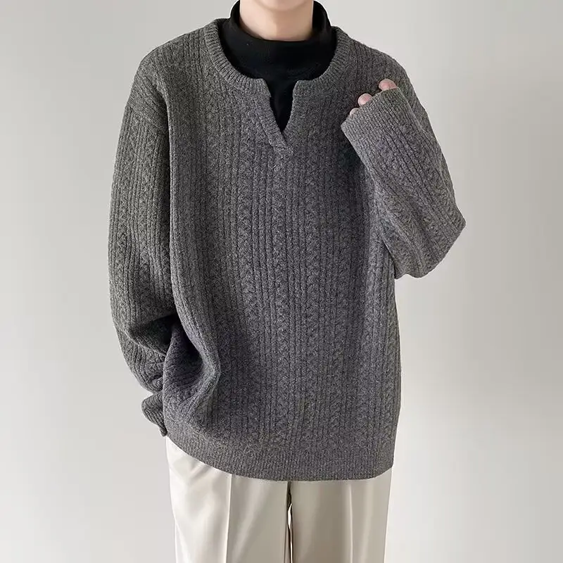 Men's V-Neck Knitted Sweater Cream Loose Casual