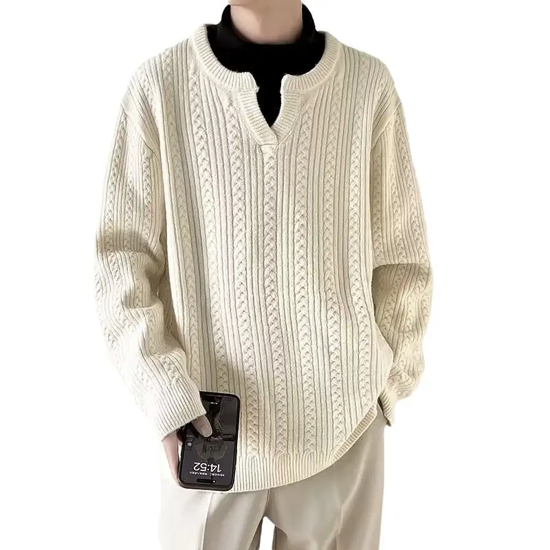 Men's V-Neck Knitted Sweater Cream Loose Casual