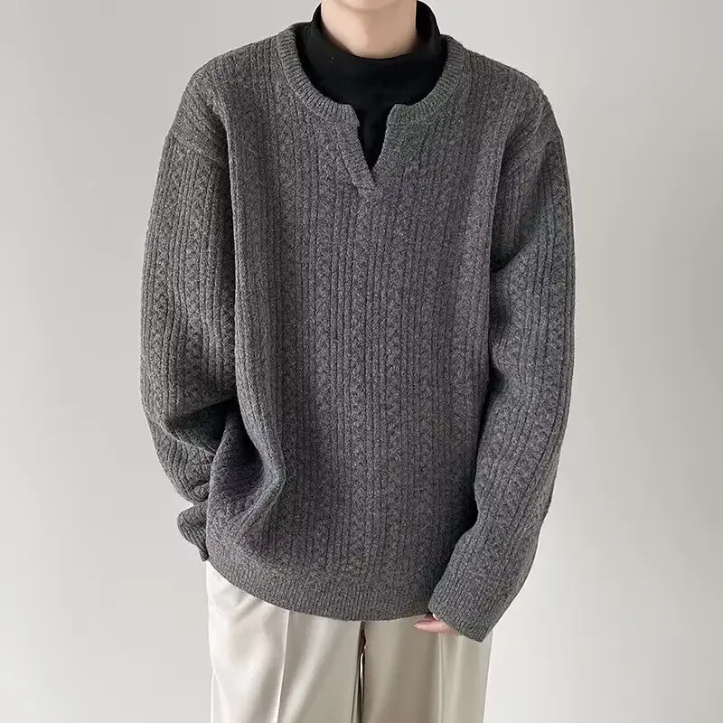 Men's V-Neck Knitted Sweater Cream Loose Casual — feature 10
