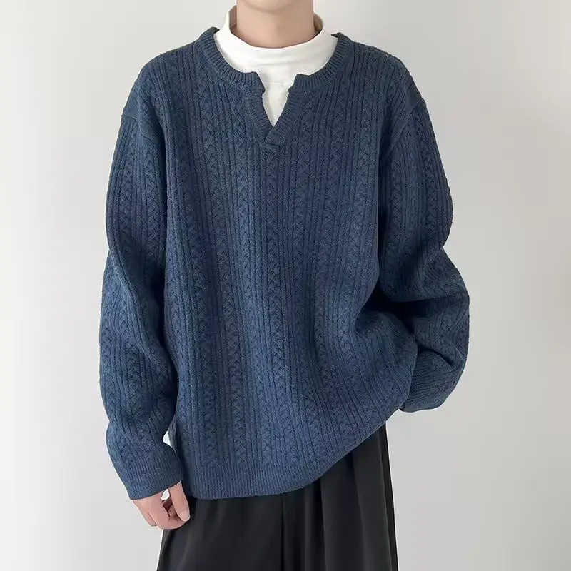 Men's V-Neck Knitted Sweater Cream Loose Casual — feature 14