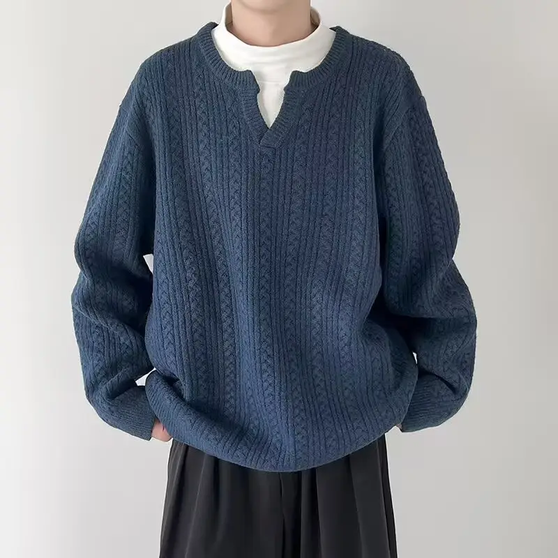 Men's V-Neck Knitted Sweater Cream Loose Casual — feature 15