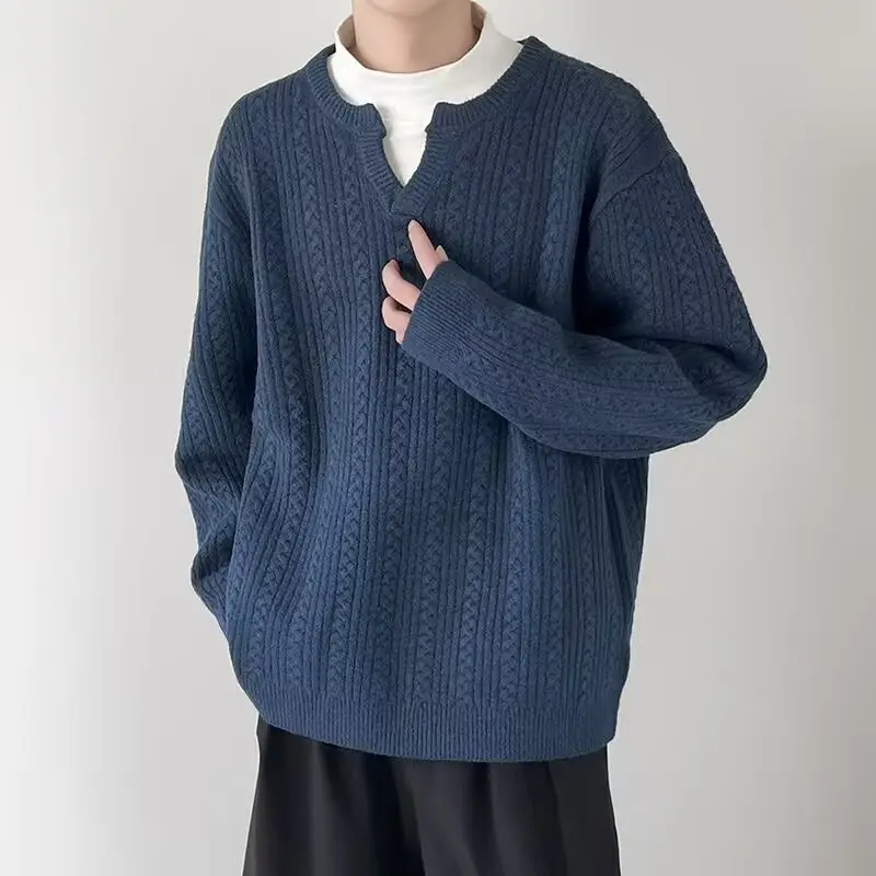 Men's V-Neck Knitted Sweater Cream Loose Casual — feature 17