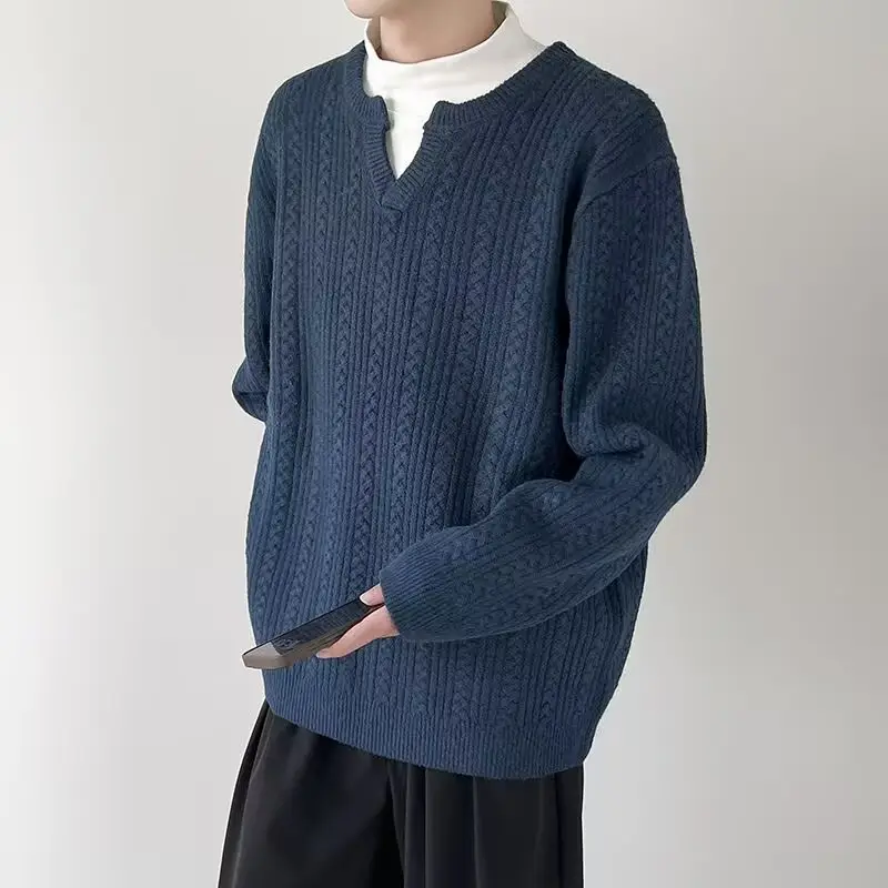 Men's V-Neck Knitted Sweater Cream Loose Casual — feature 19