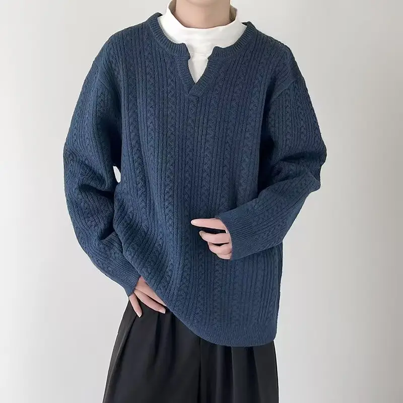 Men's V-Neck Knitted Sweater Cream Loose Casual — feature 21