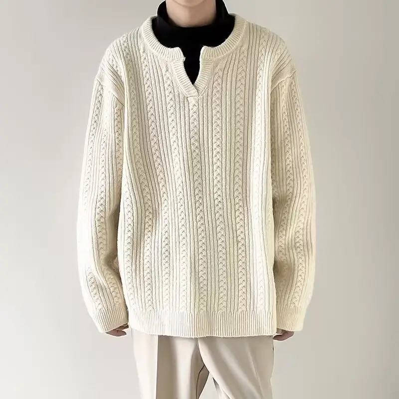 Men's V-Neck Knitted Sweater Cream Loose Casual — feature 5