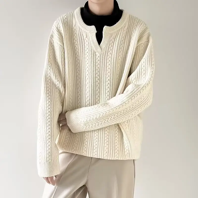 Men's V-Neck Knitted Sweater Cream Loose Casual — feature 6
