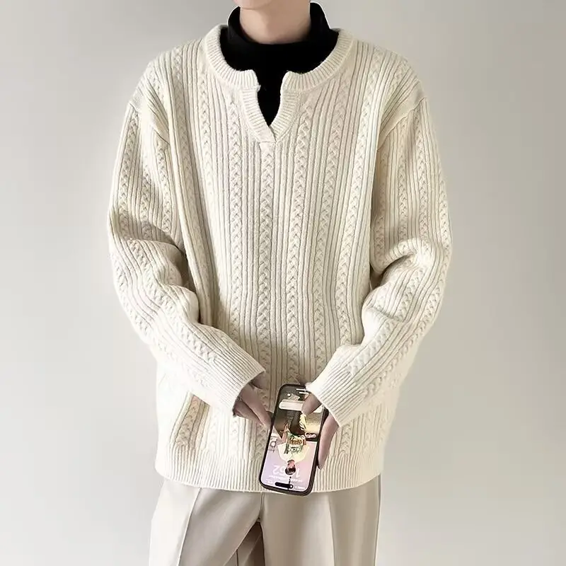 Men's V-Neck Knitted Sweater Cream Loose Casual — feature 7