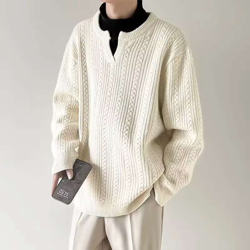 Men's V-Neck Knitted Sweater Cream Loose Casual — feature 8